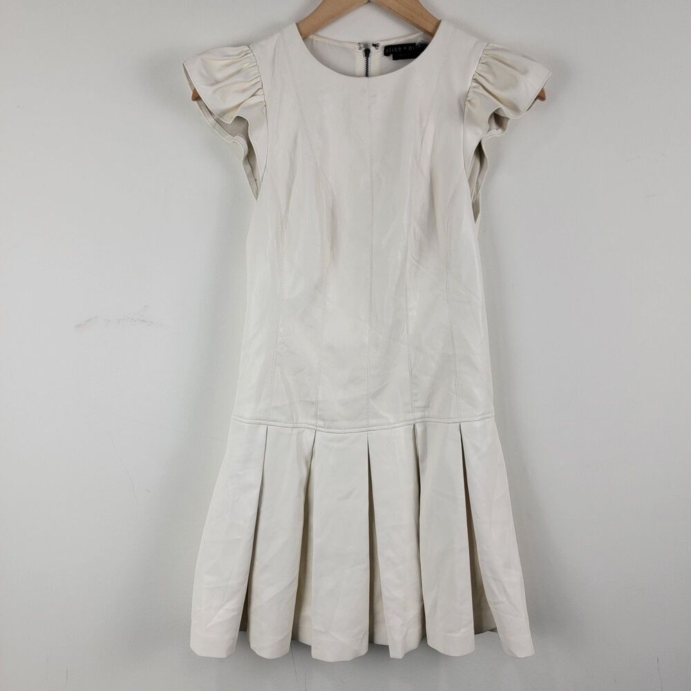 Alice + Olivia Mini Dress Drop Waist Faux Leather Fit & Flare Cream Women's Sz 2